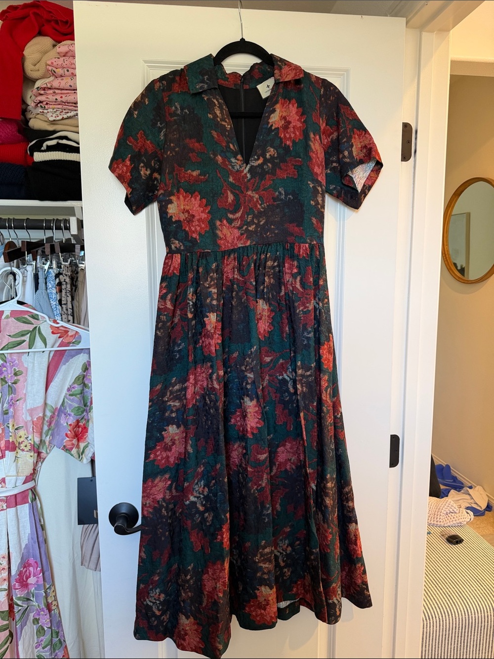 Tuckernuck Dark Green Midi Dress with Red Floral Print